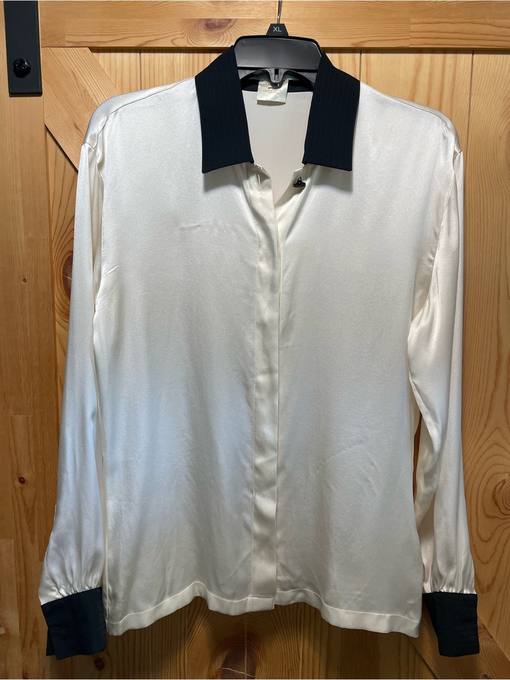 Escada Cream Silk Blouse with Black Collar and Cuffs